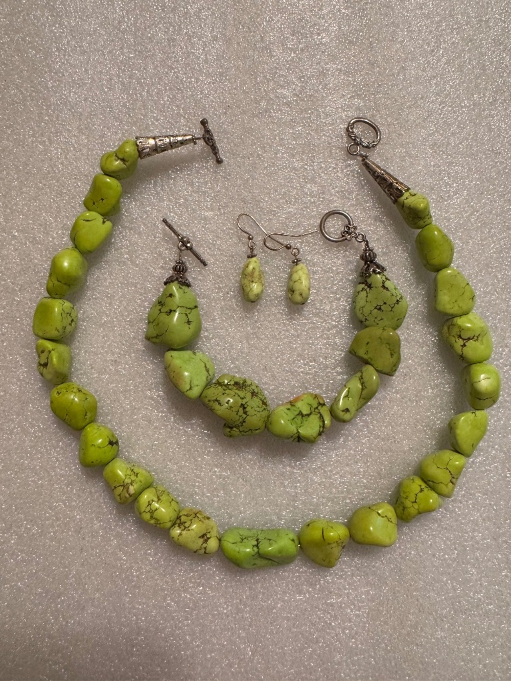 Vintage Necklace, Bracelet, Earrings Magnesite? Howlite? Turquoise? Gaspeite?